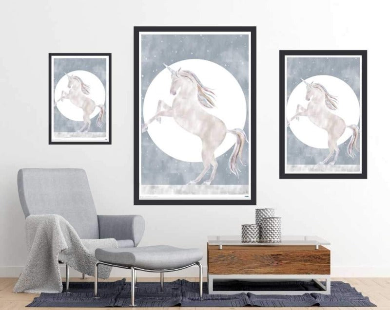 Rising Unicorn art poster - egoamo.co.za - room mock up and poster sizes