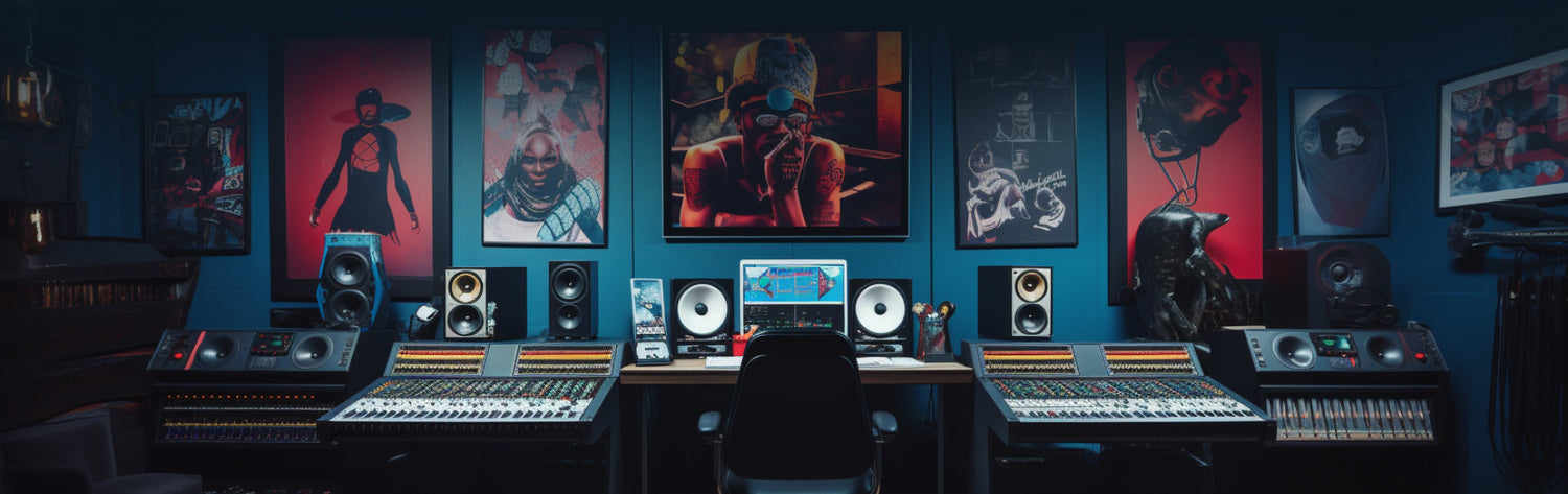 Recording Studio with Framed Rap and Hip-Hop Posters