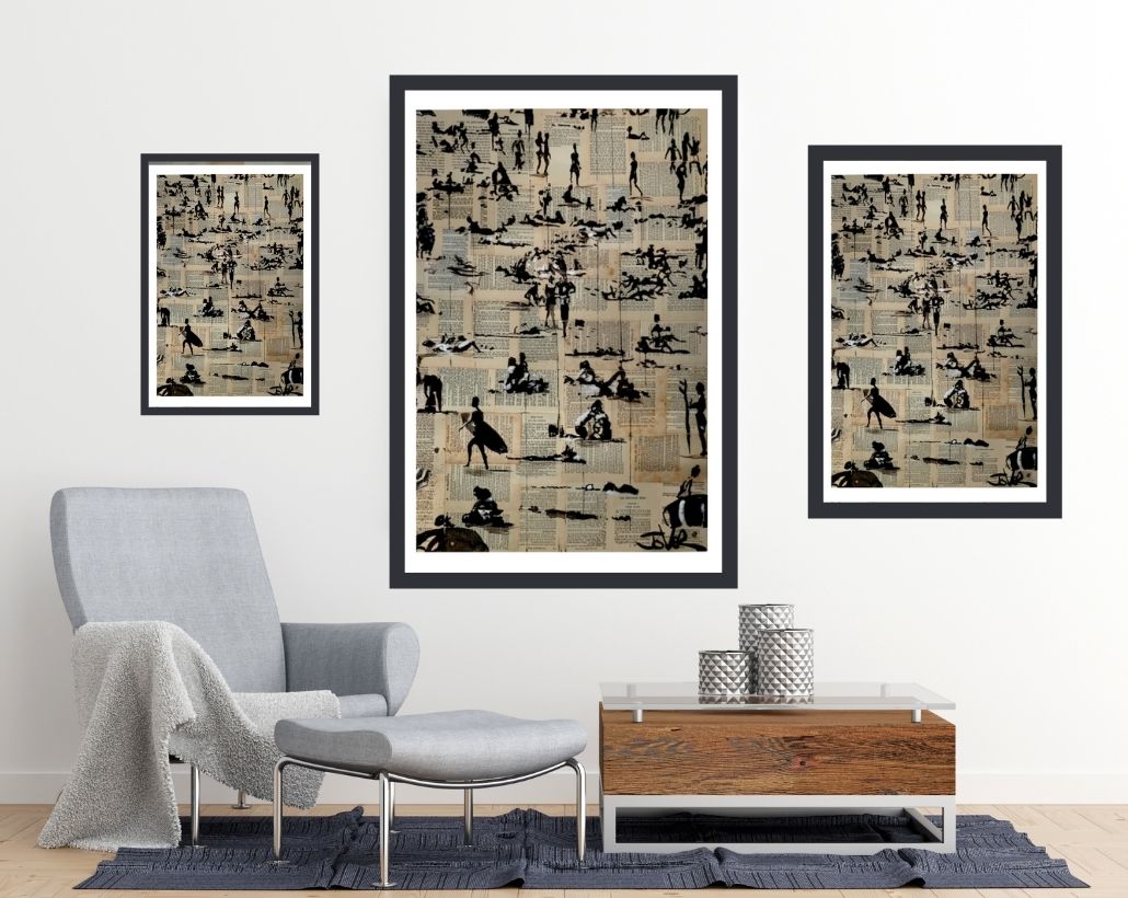 Loui Jover Beach Break Art print - size guide and room mock up - egoamo.co.za