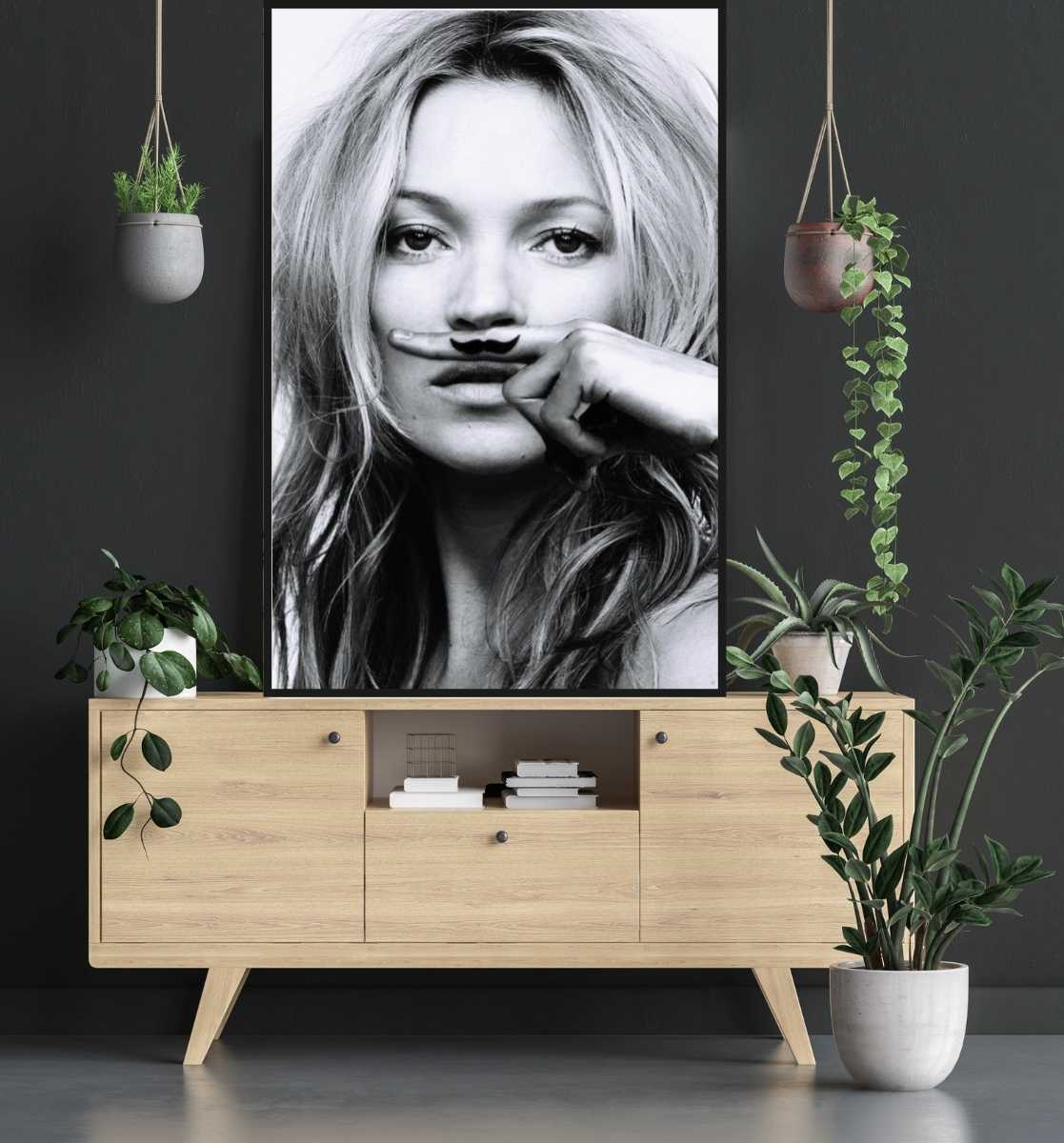 Kate Moss Finger Mustache Poster - room mockup - egoamo posters