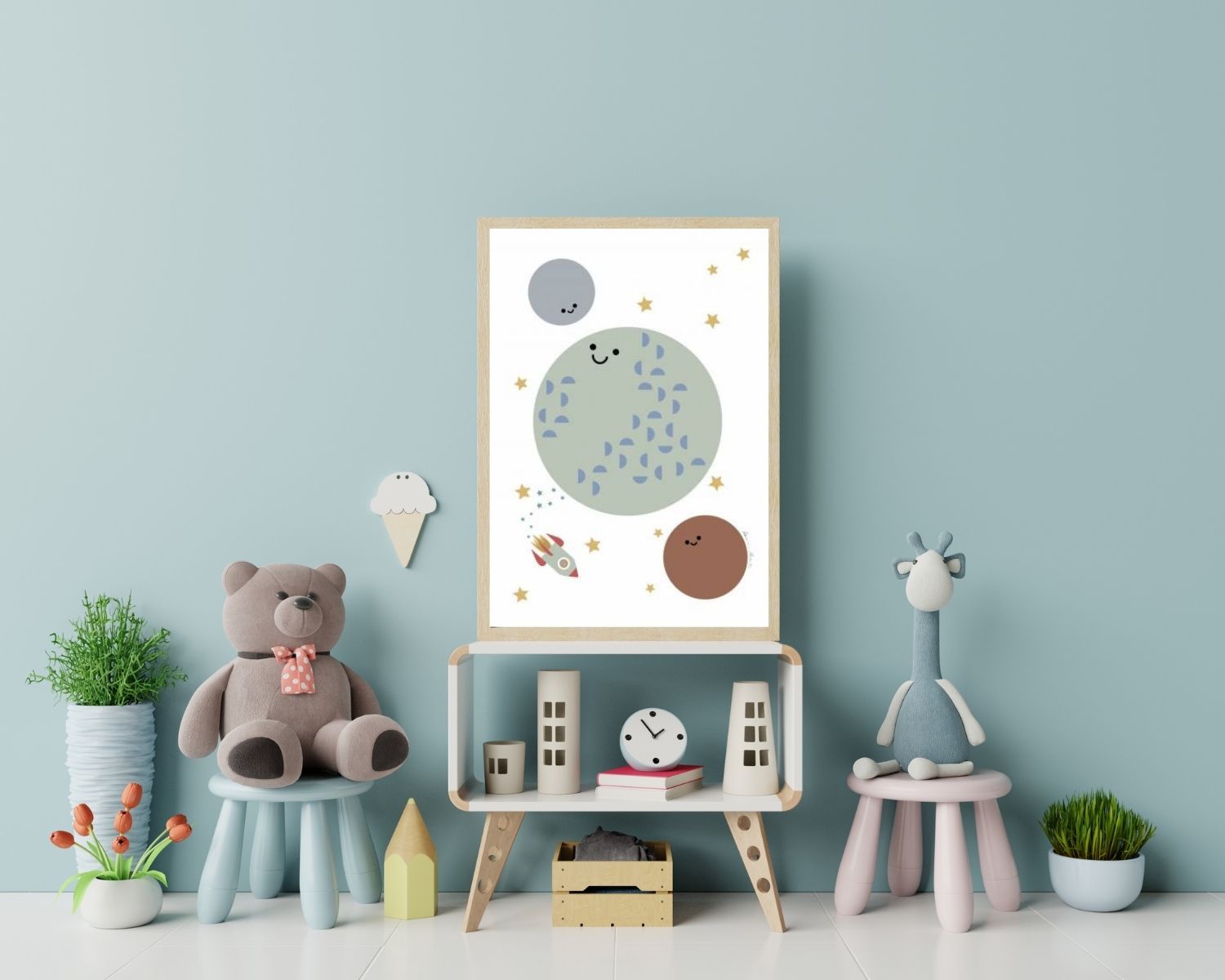 Moon and Stars - Kids illustration poster - Room Mock up- egoamo posters