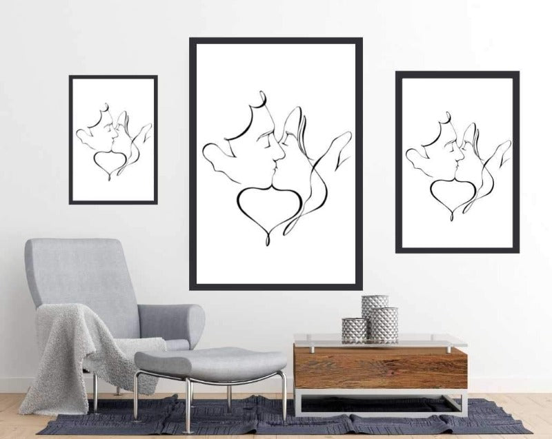 The kiss line drawing art poster - egoamo.co.za - room mockup and poster sizes